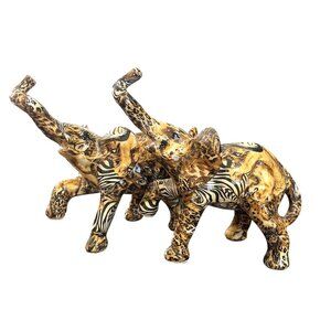 LOT OF 2 La Vie Trunk Up Elephant Ceramic Figurine Safari Animal Print Porcelain